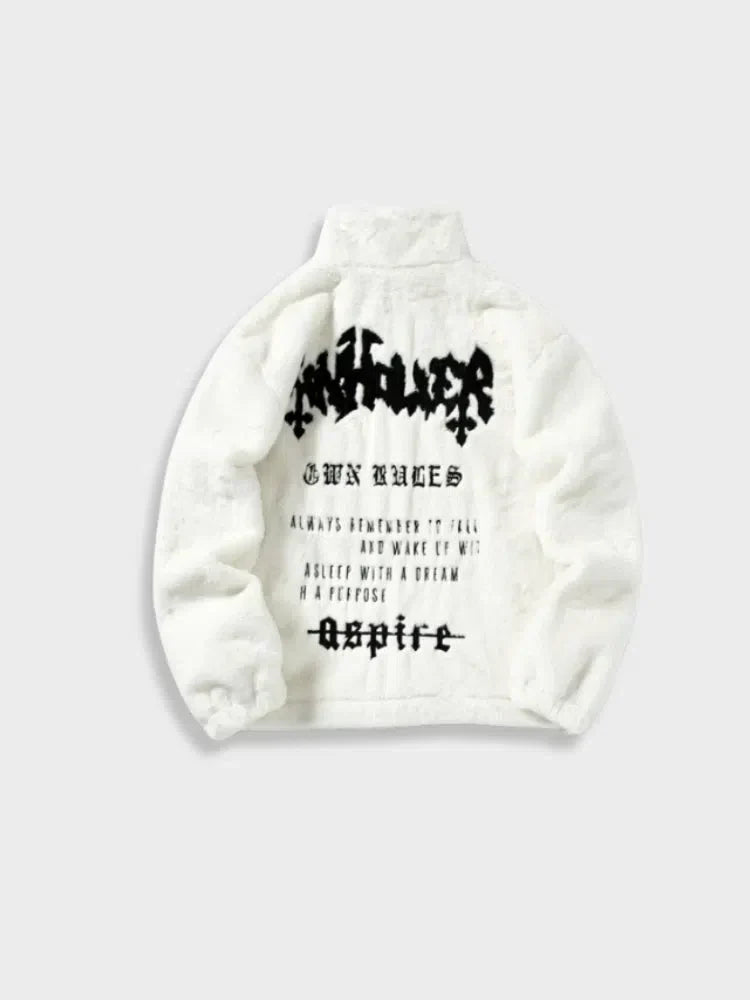 WHITE FLEECE JACKET WITH BLACK EMBLEM URBAN STYLE FUZZY FLEECE