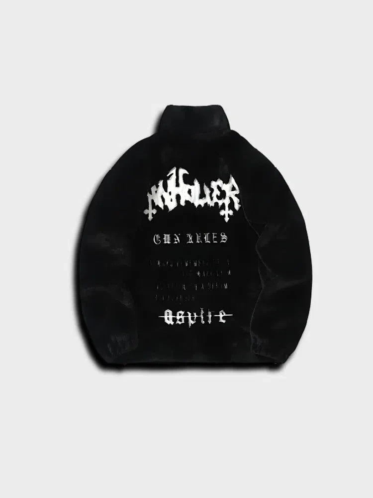 WHITE FLEECE JACKET WITH BLACK EMBLEM URBAN STYLE FUZZY FLEECE