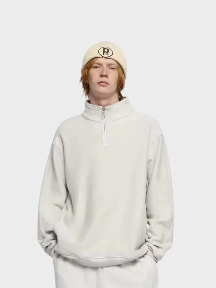 BEIGE QUARTER-ZIP SWEATSHIRT OVERSIZED HALF ZIP DESIGN