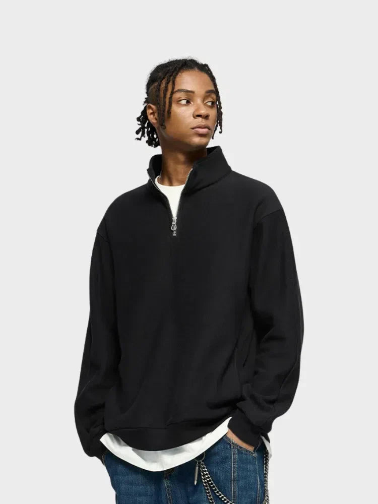BEIGE QUARTER-ZIP SWEATSHIRT OVERSIZED HALF ZIP DESIGN