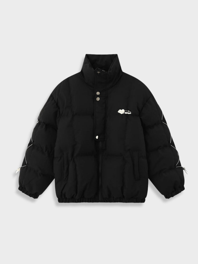 BLACK PUFFER JACKET WITH WHITE ACCENTS FOR COLD WEATHER WEAR