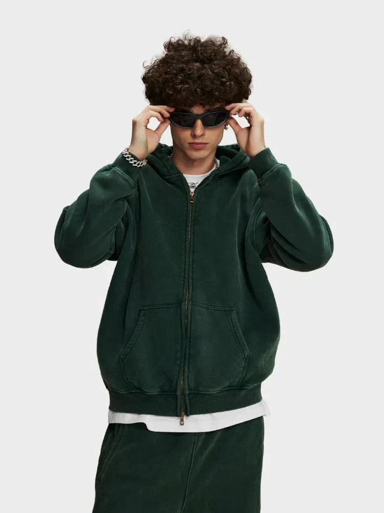 GREEN ZIP-UP HOODIE WITH FRONT POCKETS - SWEAT À CAPUCHE DÉCONTRACTÉ PARFAIT