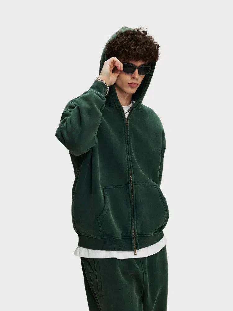 GREEN ZIP-UP HOODIE WITH FRONT POCKETS - SWEAT À CAPUCHE DÉCONTRACTÉ PARFAIT