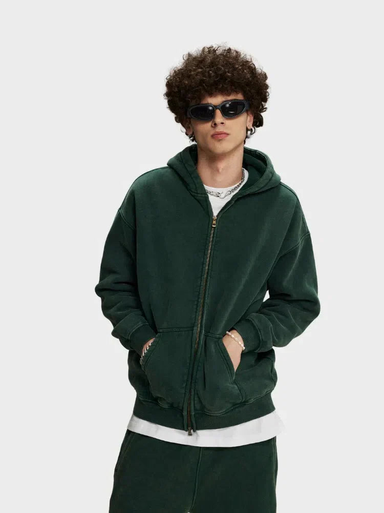 GREEN ZIP-UP HOODIE WITH FRONT POCKETS - SWEAT À CAPUCHE DÉCONTRACTÉ PARFAIT