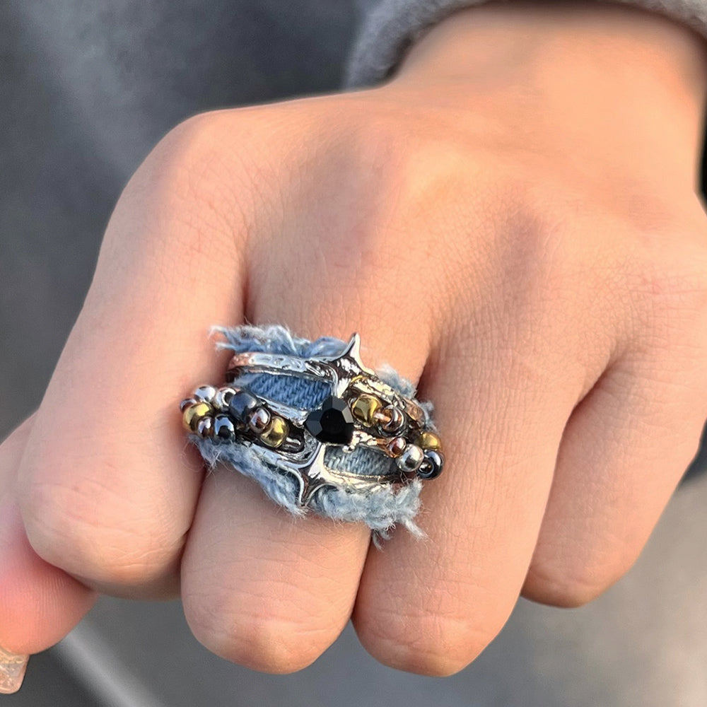DENIM BEAD RING: Y2K GRUNGE CHARM