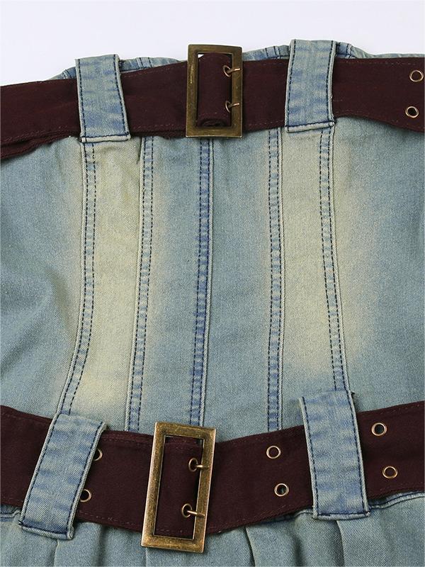DENIM CORSET DRESS WITH BELT DETAIL - STRAPLESS MINI DRESS