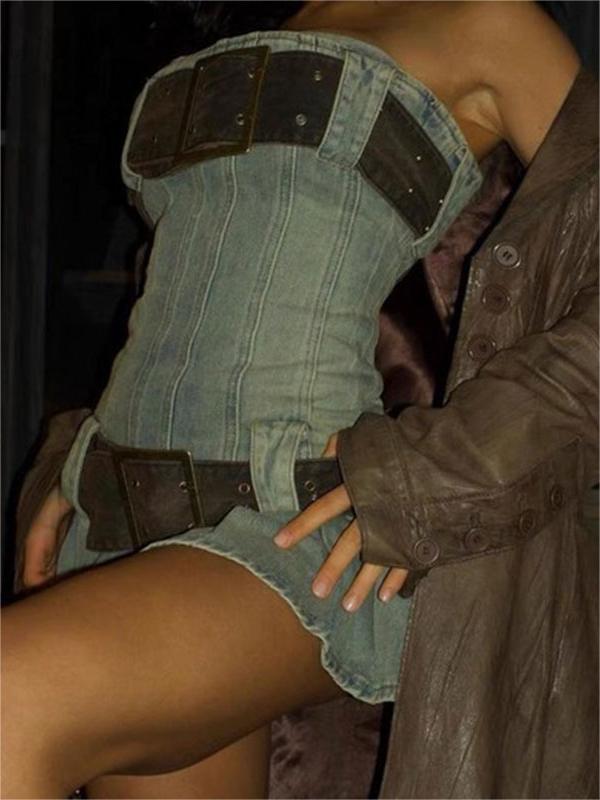 DENIM CORSET DRESS WITH BELT DETAIL - STRAPLESS MINI DRESS