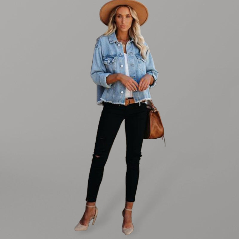 Denim jacket women street trendy loose raw edge cropped jacket - Clear blue / S