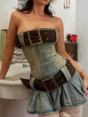 DENIM MINI DRESS WITH NARROW BELT ACCENTS FOR A STRAPLESS LOOK