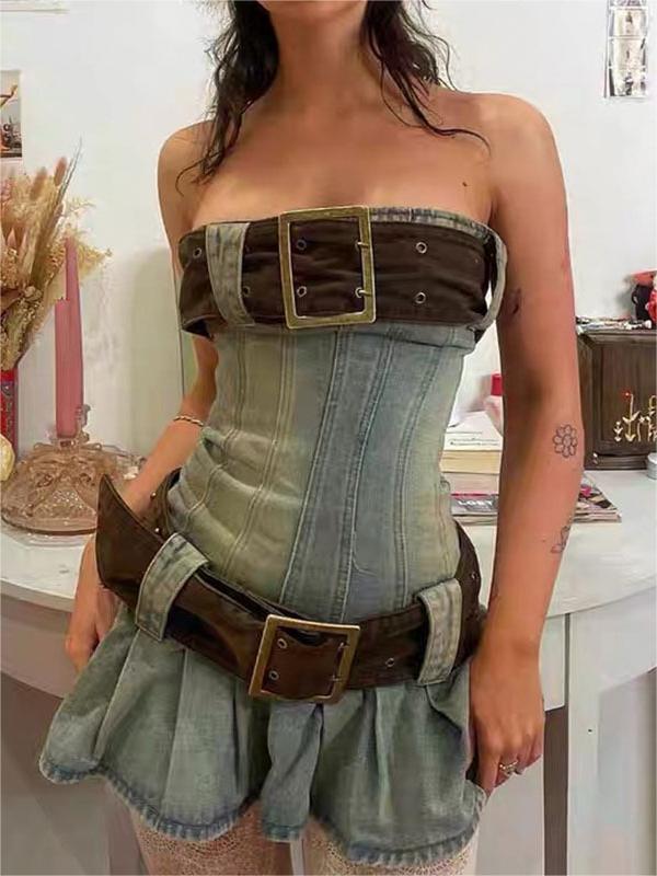 DENIM MINI DRESS WITH NARROW BELT ACCENTS FOR A STRAPLESS LOOK