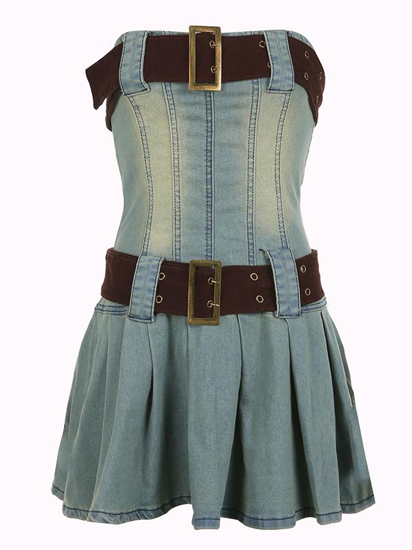 DENIM MINI DRESS WITH NARROW BELT ACCENTS FOR A STRAPLESS LOOK
