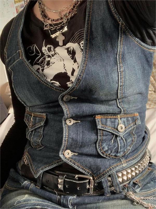 DENIM VEST WITH LACE TRIM RETRO SLIM FIT DESIGN