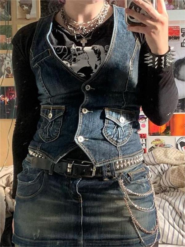 DENIM VEST WITH LACE TRIM RETRO SLIM FIT DESIGN