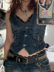 DENIM VEST WITH LACE TRIM RETRO SLIM FIT DESIGN