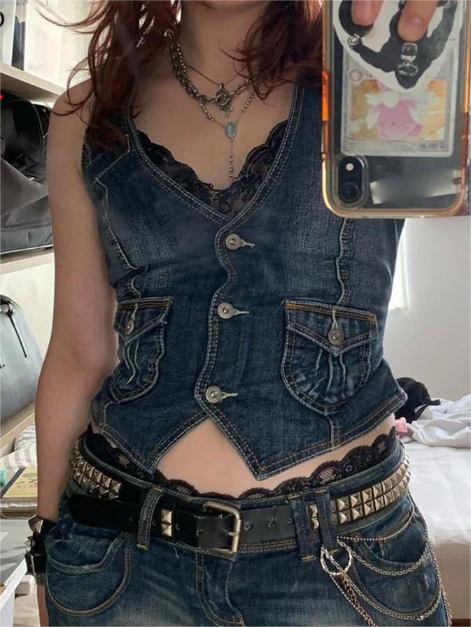 DENIM VEST WITH LACE TRIM RETRO SLIM FIT DESIGN