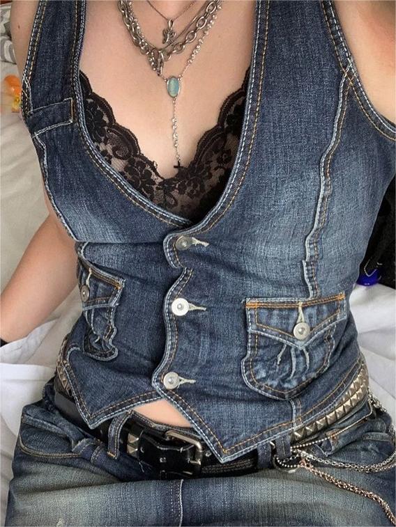 DENIM VEST WITH LACE TRIM RETRO SLIM FIT DESIGN