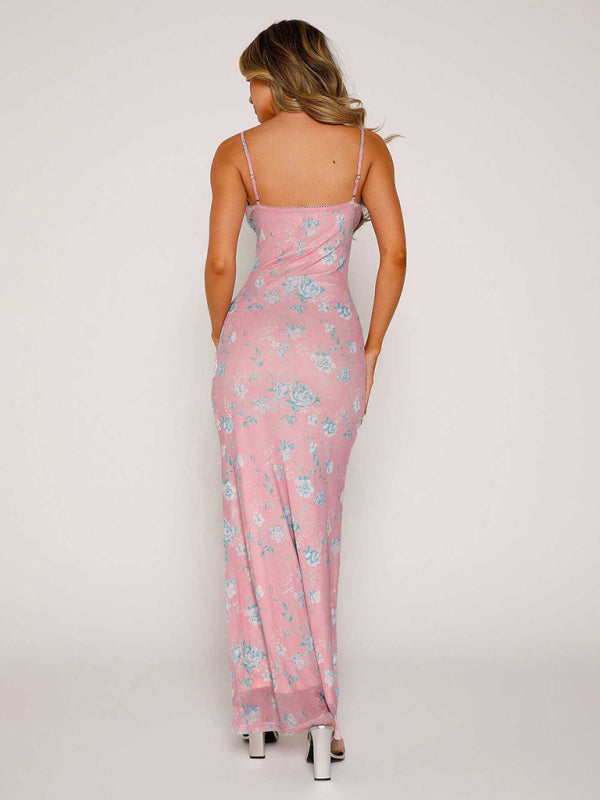 Pink floral maxi dress in a stylish printed suspender dress ideal for vacation casual wear