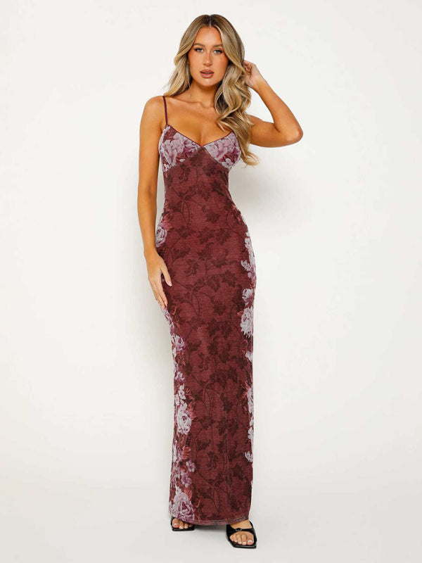 Burgundy floral-patterned maxi dress with printed suspender design for casual occasions