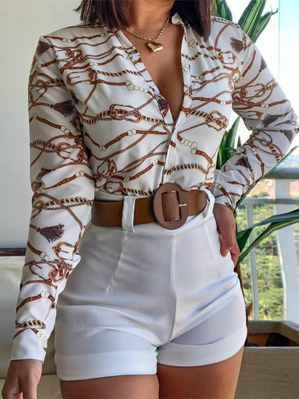 Digital Printing Stand Collar Long Sleeve Shirt Ladies Set - Printing 6 / S