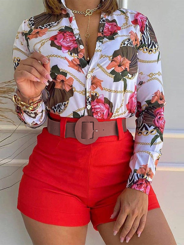 Digital Printing Stand Collar Long Sleeve Shirt Ladies Set - Printing 7 / S
