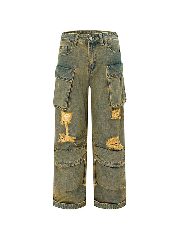 DISTRESSED BAGGY CARGO JEANS WITH WASHED FINISH