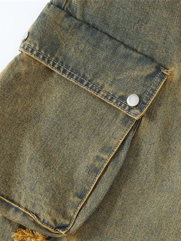DISTRESSED BAGGY CARGO JEANS WITH WASHED FINISH