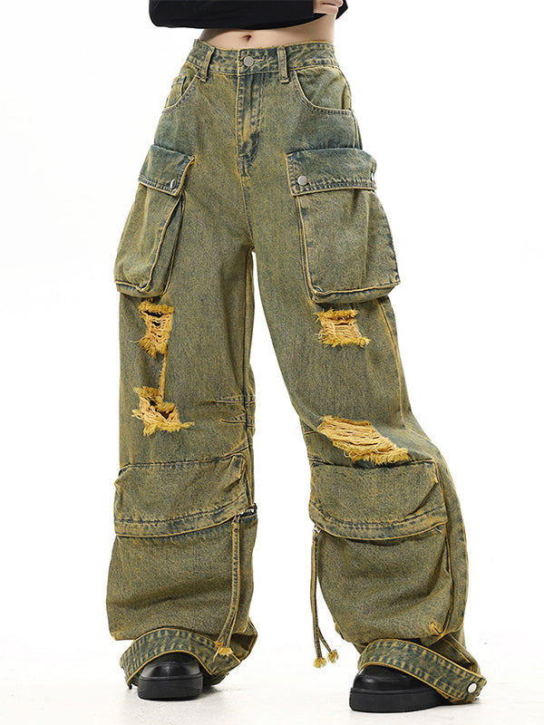 DISTRESSED BAGGY CARGO JEANS WITH WASHED FINISH