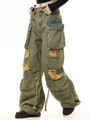 DISTRESSED BAGGY CARGO JEANS WITH WASHED FINISH