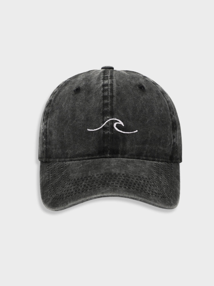 DISTRESSED BASEBALL CAP WITH WAVE EMBROIDERY - WASHED WAVE CAP