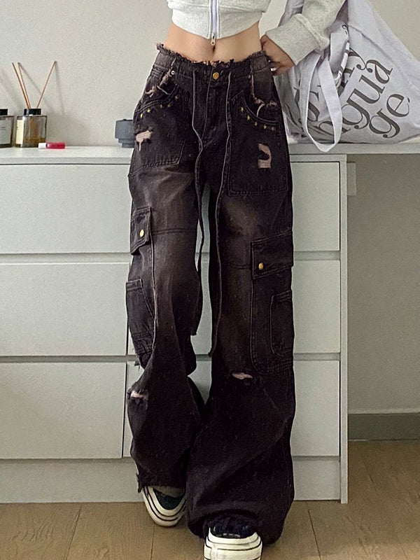 DISTRESSED BLACK CARGO JEANS LOOSE FIT COTTON BLEND