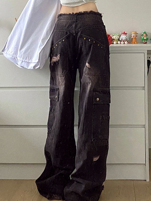 DISTRESSED BLACK CARGO JEANS LOOSE FIT COTTON BLEND