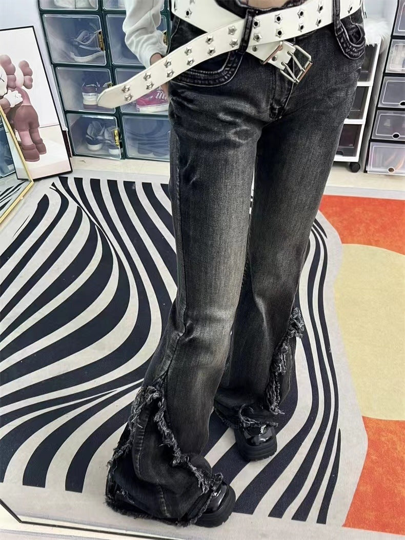 DISTRESSED BLACK DENIM RUFFLE-HEM JEANS LOW RISE FLARE