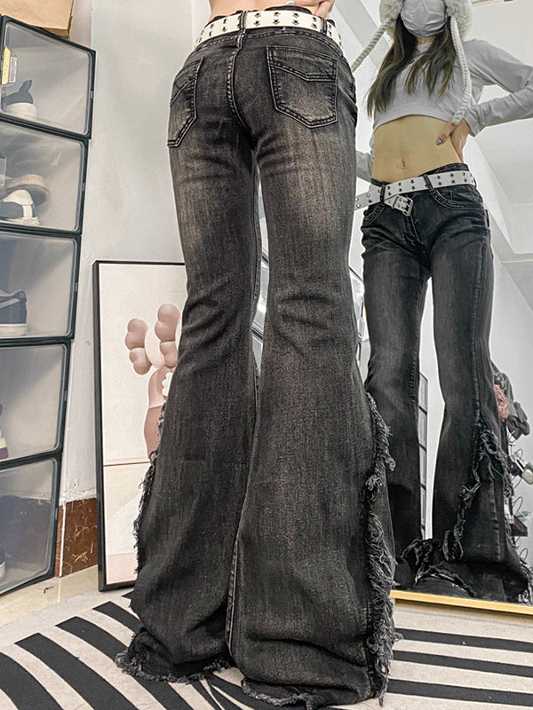DISTRESSED BLACK DENIM RUFFLE-HEM JEANS LOW RISE FLARE