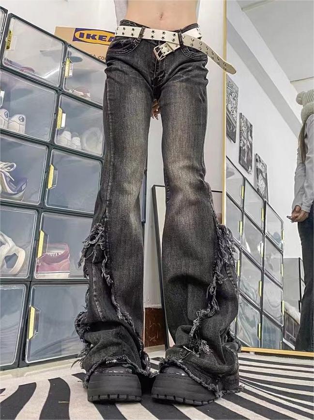 DISTRESSED BLACK DENIM RUFFLE-HEM JEANS LOW RISE FLARE