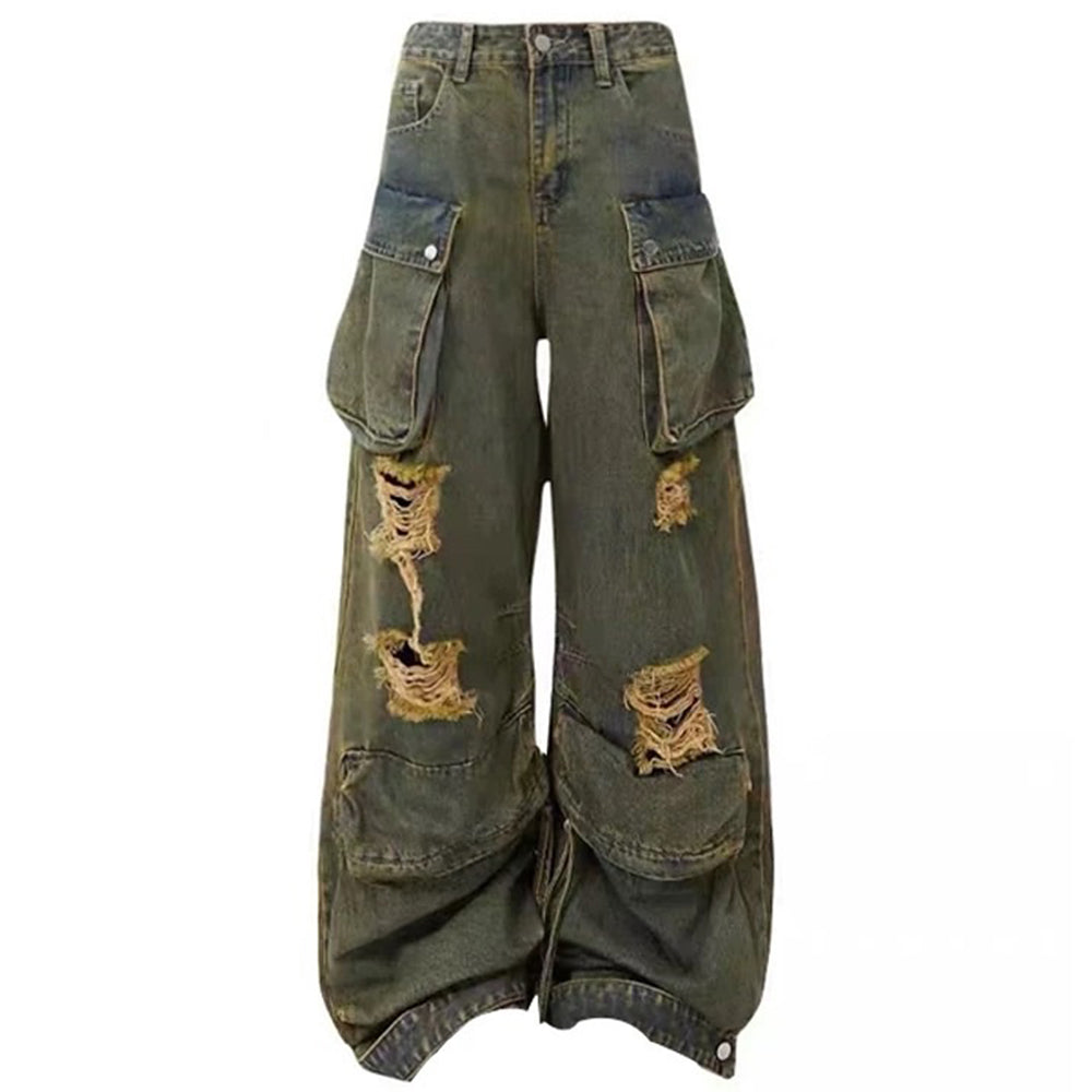 DISTRESSED CARGO JEANS WITH RAW EDGE DETAILING AND DISTINCTIVE DESIGN