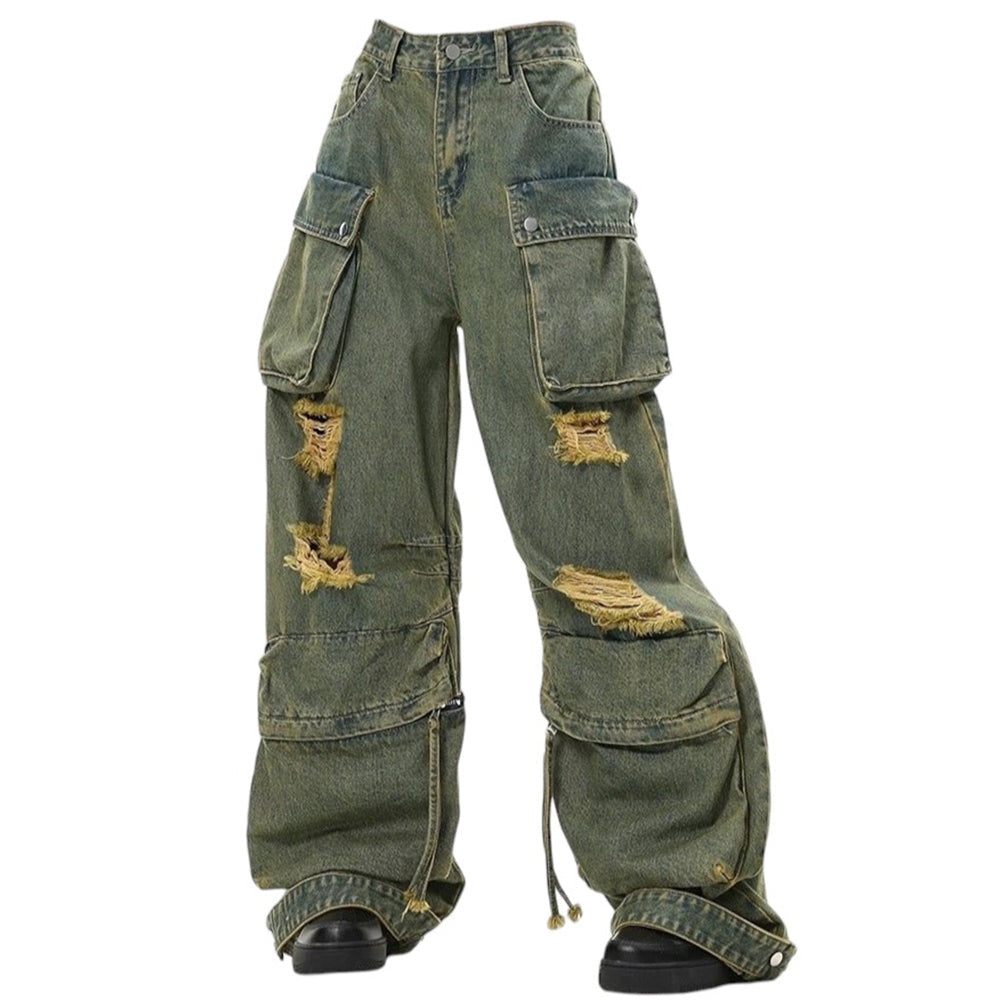 DISTRESSED CARGO JEANS WITH RAW EDGE DETAILING AND DISTINCTIVE DESIGN