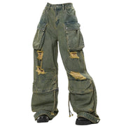 DISTRESSED CARGO JEANS WITH RAW EDGE DETAILING AND DISTINCTIVE DESIGN