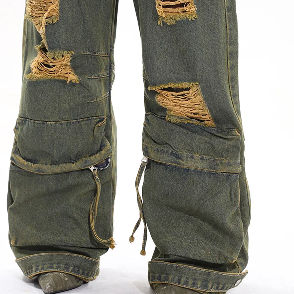 DISTRESSED CARGO JEANS WITH RAW EDGE DETAILING AND DISTINCTIVE DESIGN