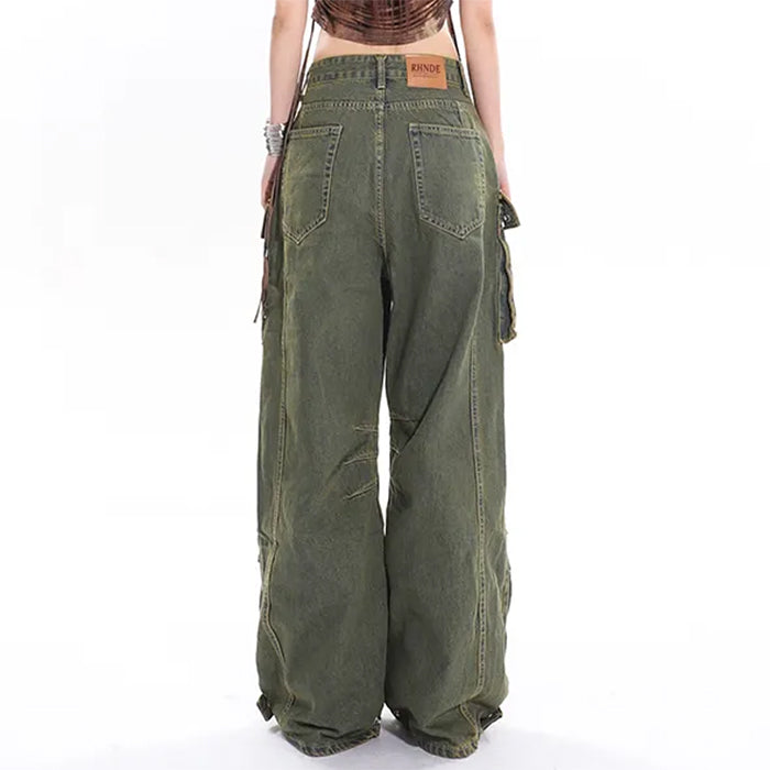 DISTRESSED CARGO JEANS WITH RAW EDGE DETAILING AND DISTINCTIVE DESIGN