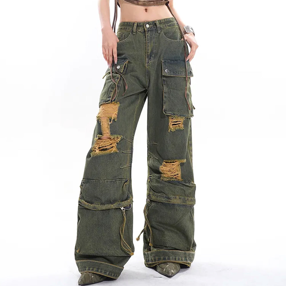 DISTRESSED CARGO JEANS WITH RAW EDGE DETAILING AND DISTINCTIVE DESIGN