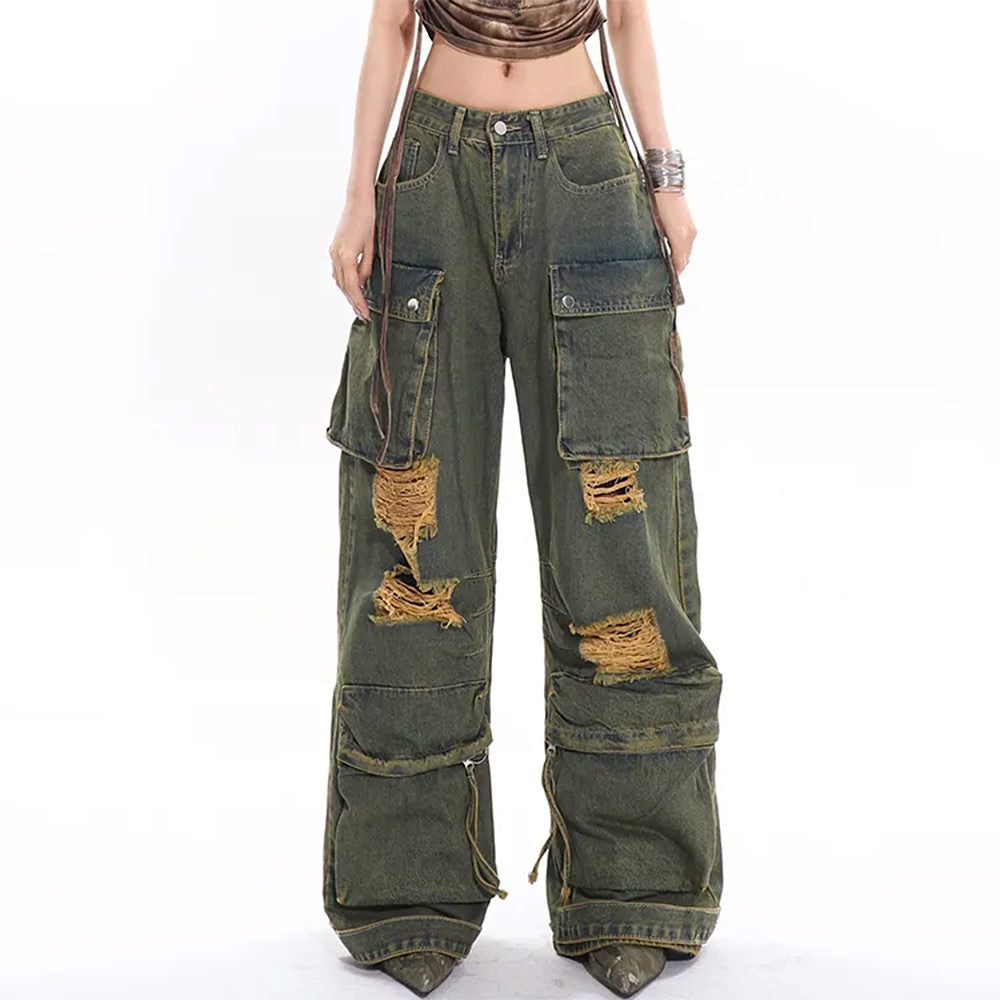 DISTRESSED CARGO JEANS WITH RAW EDGE DETAILING AND DISTINCTIVE DESIGN