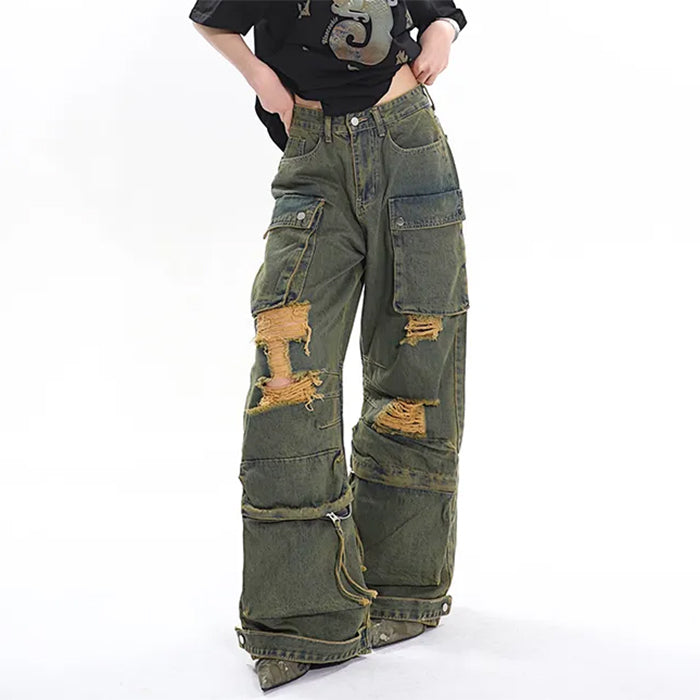 DISTRESSED CARGO JEANS WITH RAW EDGE DETAILING AND DISTINCTIVE DESIGN