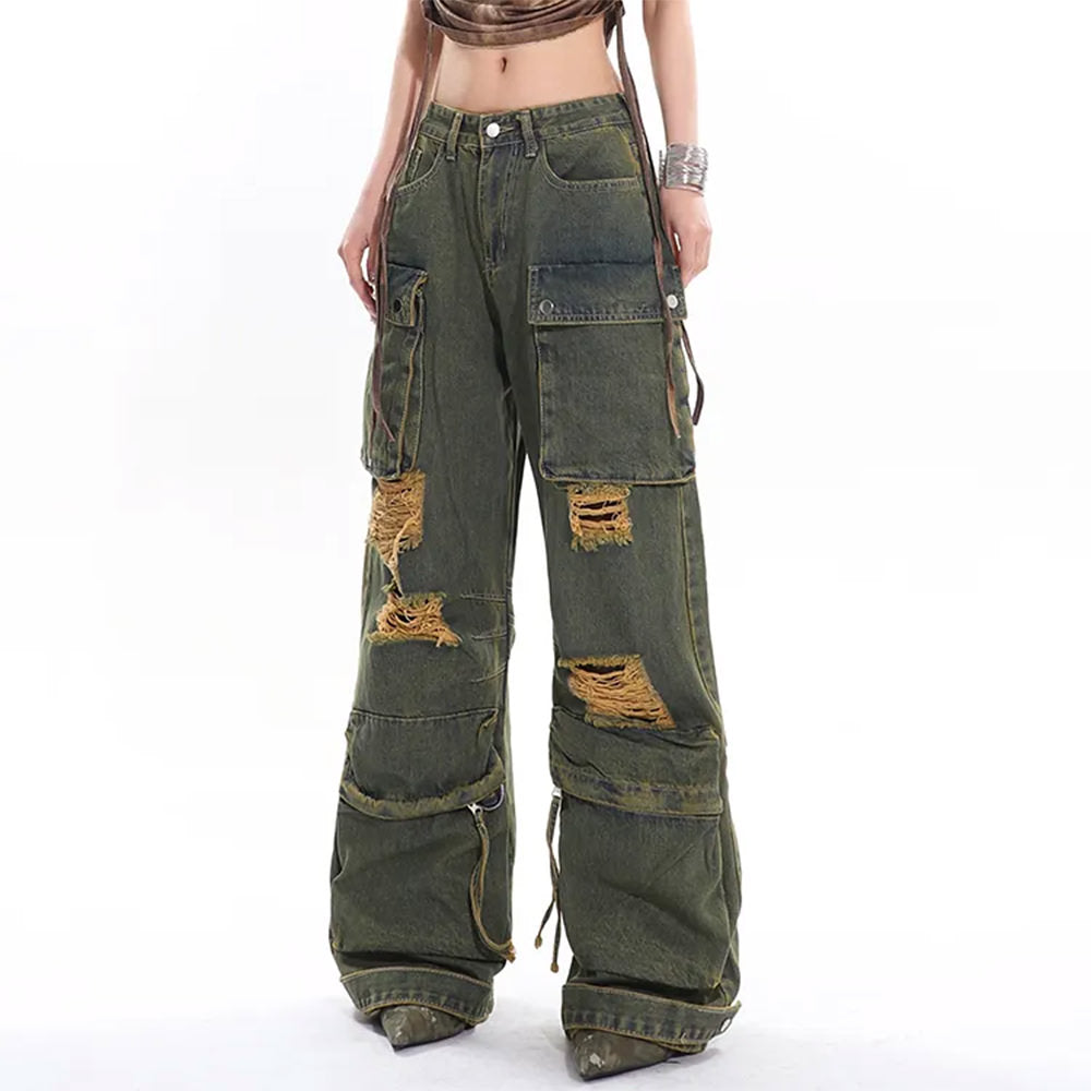 DISTRESSED CARGO JEANS WITH RAW EDGE DETAILING AND DISTINCTIVE DESIGN