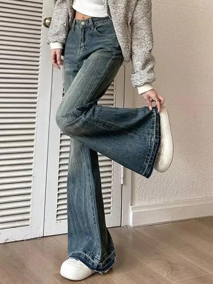 DISTRESSED DENIM BELL-BOTTOM JEANS BLUE VINTAGE HIGH WAIST DESIGN
