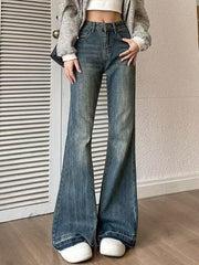 DISTRESSED DENIM BELL-BOTTOM JEANS BLUE VINTAGE HIGH WAIST DESIGN