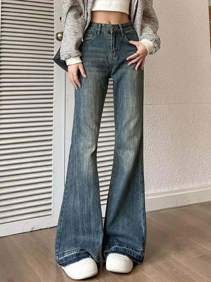 DISTRESSED DENIM BELL-BOTTOM JEANS BLUE VINTAGE HIGH WAIST DESIGN