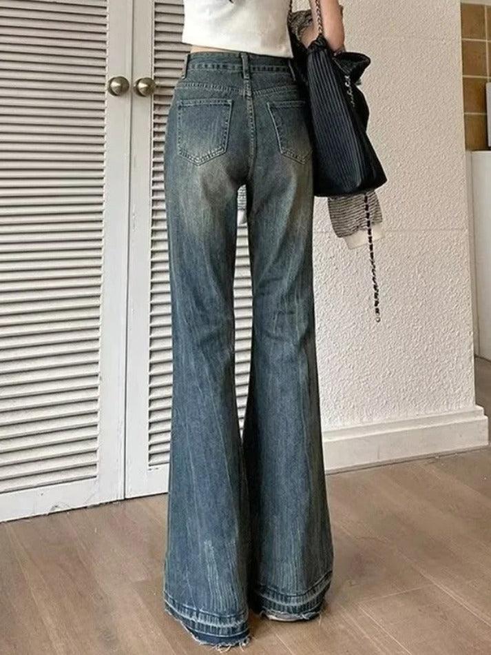 DISTRESSED DENIM BELL-BOTTOM JEANS BLUE VINTAGE HIGH WAIST DESIGN