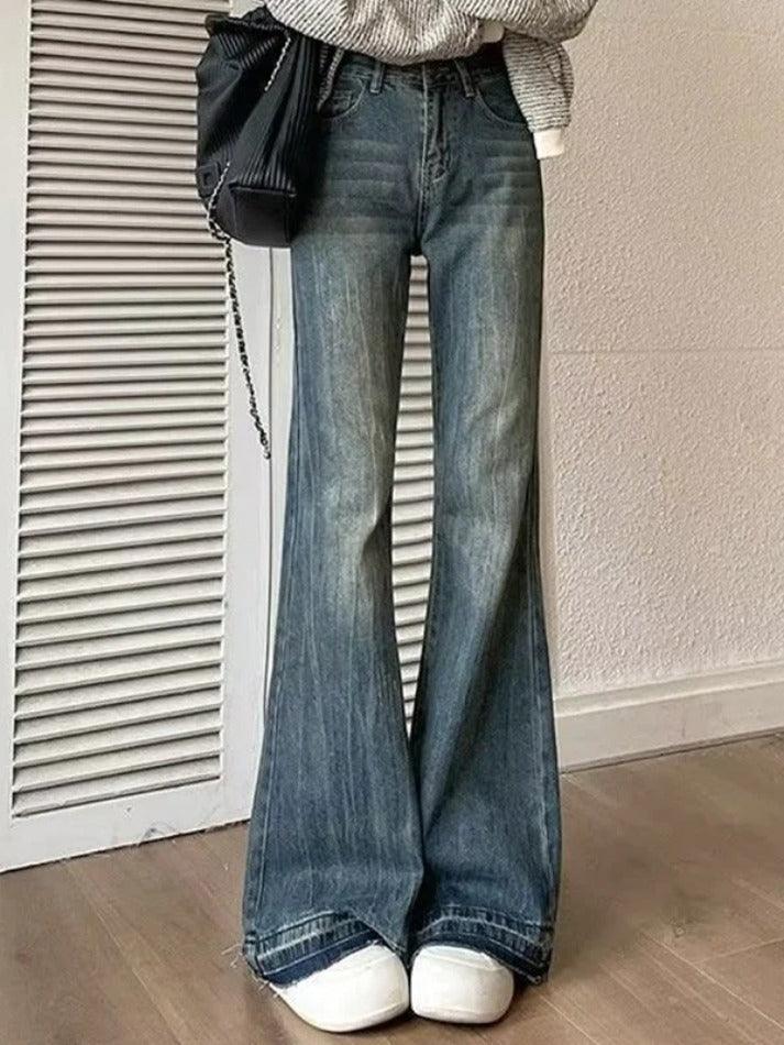DISTRESSED DENIM BELL-BOTTOM JEANS BLUE VINTAGE HIGH WAIST DESIGN