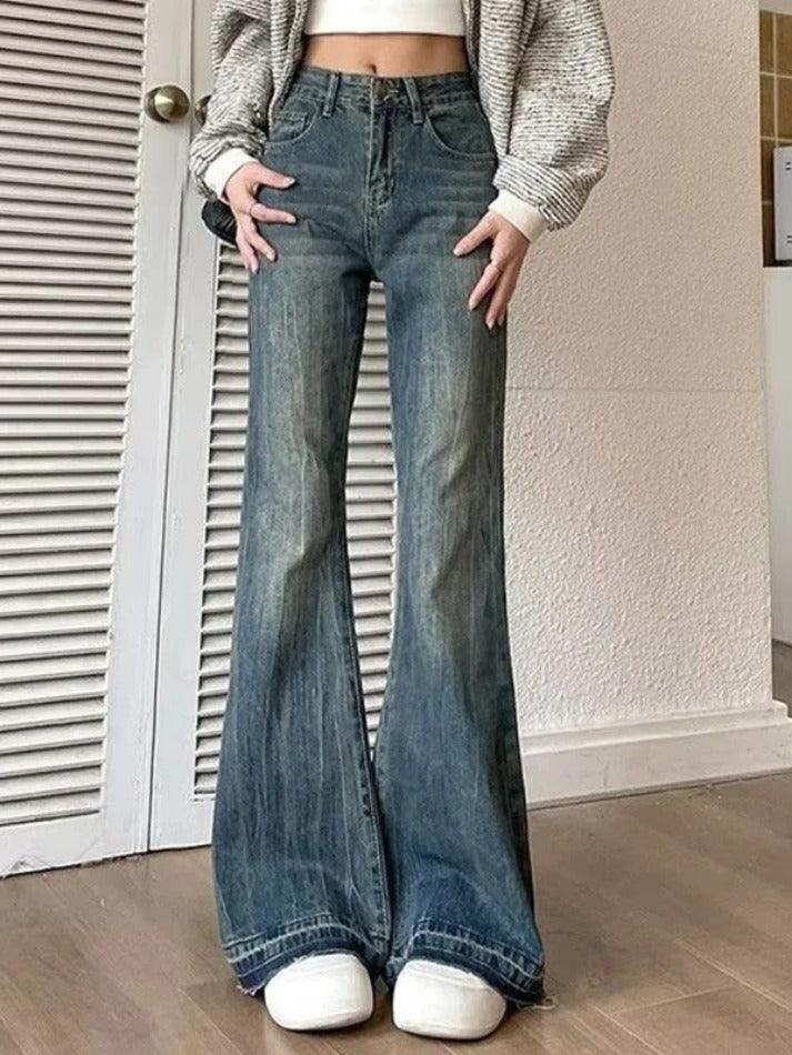 DISTRESSED DENIM BELL-BOTTOM JEANS BLUE VINTAGE HIGH WAIST DESIGN