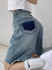 DISTRESSED DENIM BERMUDA SHORTS WITH RAW HEM - KNEE-LENGTH DENIM SHORTS